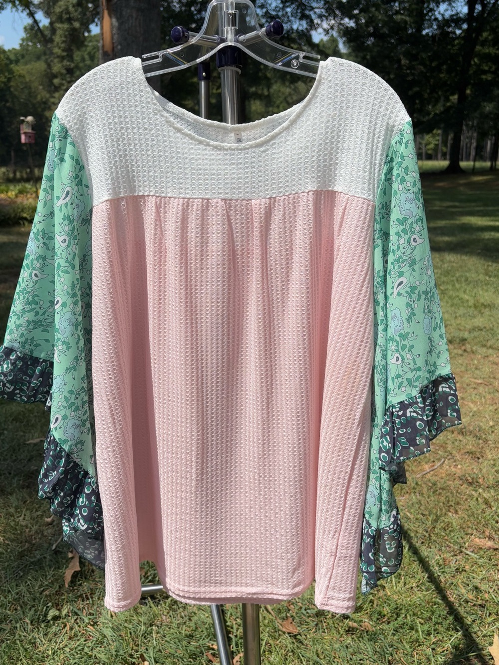 Women's Pink Waffle Knit Panel Top with Green Floral Sleeves Size 3X